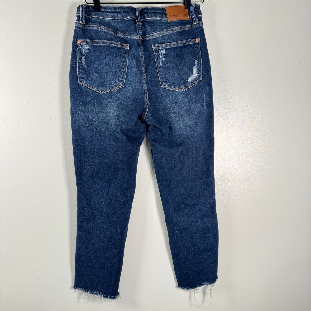 Judy Blue Straight Fit Distressed Raw Hem Jeans Dark Wash Blue Ripped Size 7/28 - Picture 5 of 10